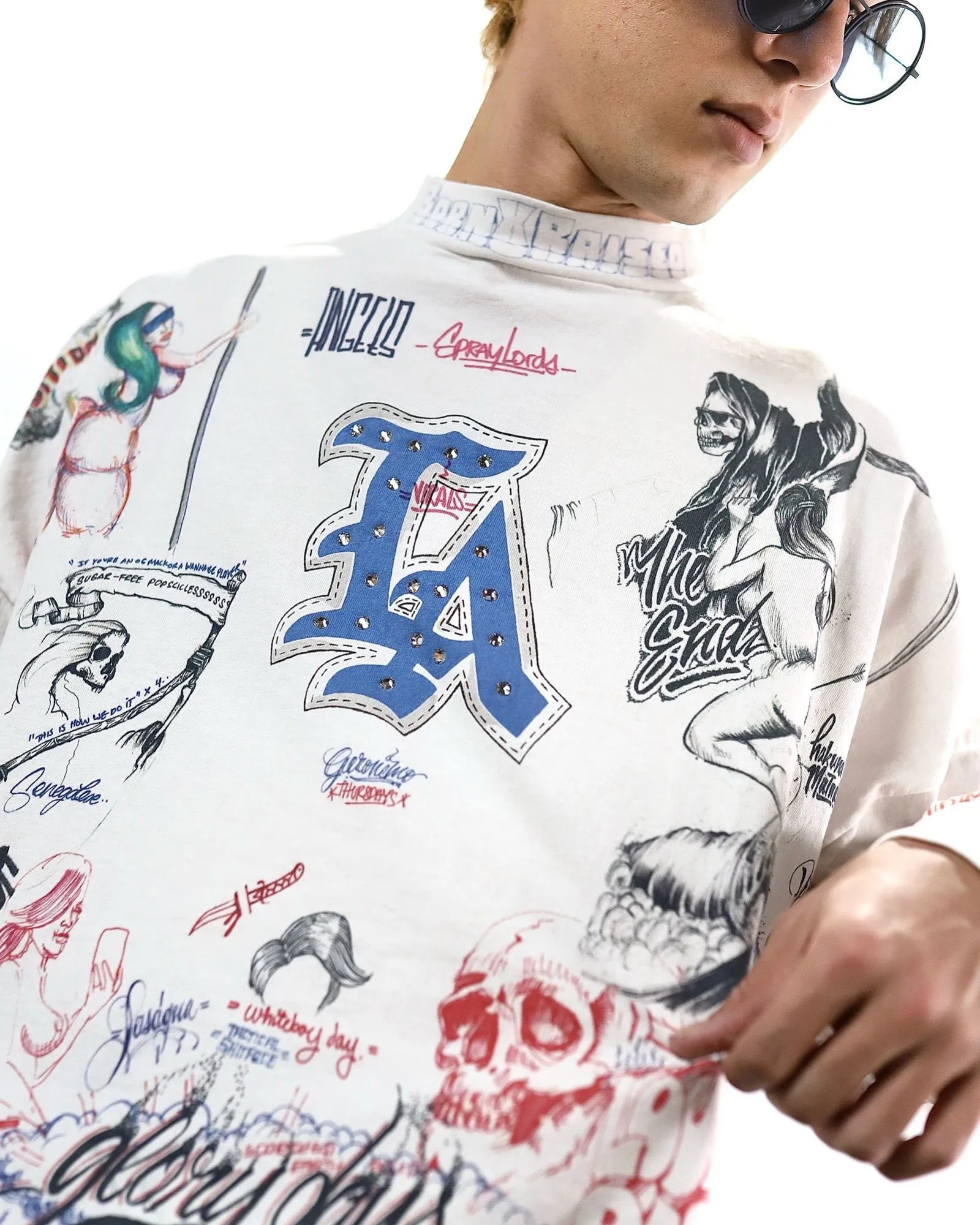 SAINT Mxxxxxx × BORNXRAISED BR_LS TEE/LA/WHT Latest co-branded model LA diamond all-over long sleeves off-white S-XL Super heavy work started in February and lasted three months Super complex 36 sets of screens Outlined pictures make you doubt your life Super perfect reproduction of printing Genuine Czech diamonds Pressure-free reproduction